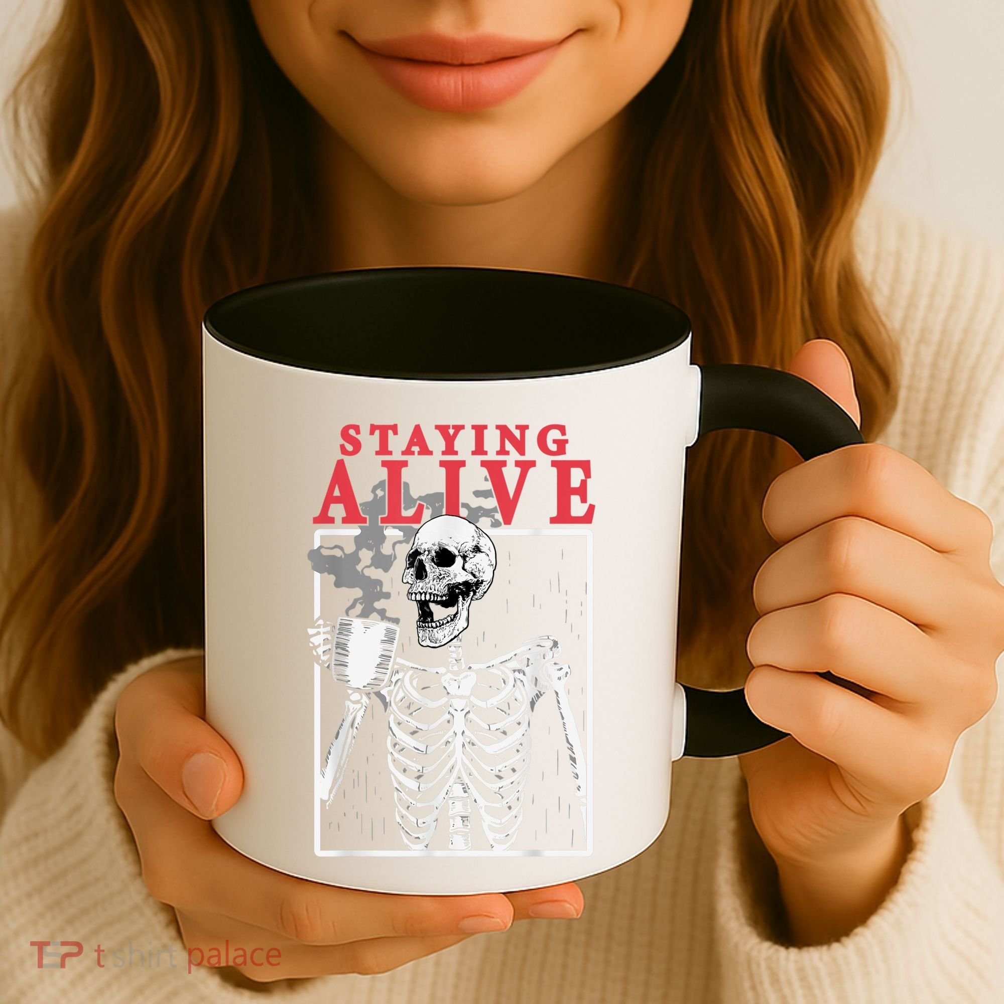 Skeleton Staying Alive Drinking Coffee Funny Skeleton Skull Coffee Mug