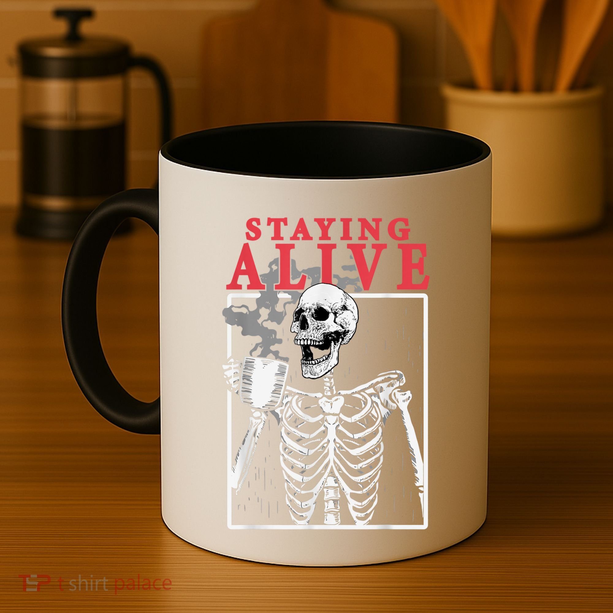 Skeleton Staying Alive Drinking Coffee Funny Skeleton Skull Coffee Mug