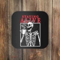 Skeleton Staying Alive Drinking Coffee Funny Skeleton Skull Coaster thumb 0