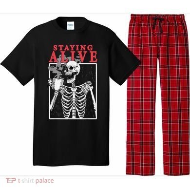 Skeleton Staying Alive Drinking Coffee Funny Skeleton Skull Pajama Set