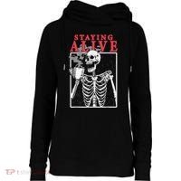 Skeleton Staying Alive Drinking Coffee Funny Skeleton Skull Womens Funnel Neck Pullover Hood thumb 0