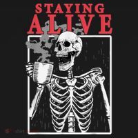 Skeleton Staying Alive Drinking Coffee Funny Skeleton Skull Polo thumb 3