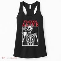 Skeleton Staying Alive Drinking Coffee Funny Skeleton Skull Women's Tank Top thumb 0