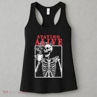 Skeleton Staying Alive Drinking Coffee Funny Skeleton Skull Women's Tank Top thumb 3