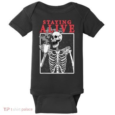 Skeleton Staying Alive Drinking Coffee Funny Skeleton Skull Baby Bodysuit