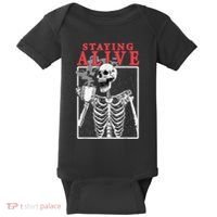 Skeleton Staying Alive Drinking Coffee Funny Skeleton Skull Baby Bodysuit thumb 0
