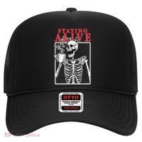 Skeleton Staying Alive Drinking Coffee Funny Skeleton Skull Hat thumb 0