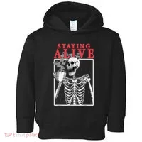 Skeleton Staying Alive Drinking Coffee Funny Skeleton Skull Toddler Hoodie thumb 0