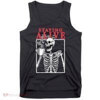 Skeleton Staying Alive Drinking Coffee Funny Skeleton Skull Tank Top thumb 0