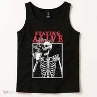 Skeleton Staying Alive Drinking Coffee Funny Skeleton Skull Tank Top thumb 2