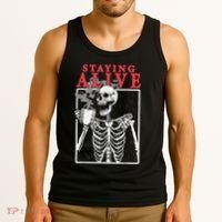 Skeleton Staying Alive Drinking Coffee Funny Skeleton Skull Tank Top thumb 3