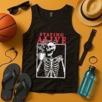 Skeleton Staying Alive Drinking Coffee Funny Skeleton Skull Tank Top thumb 4