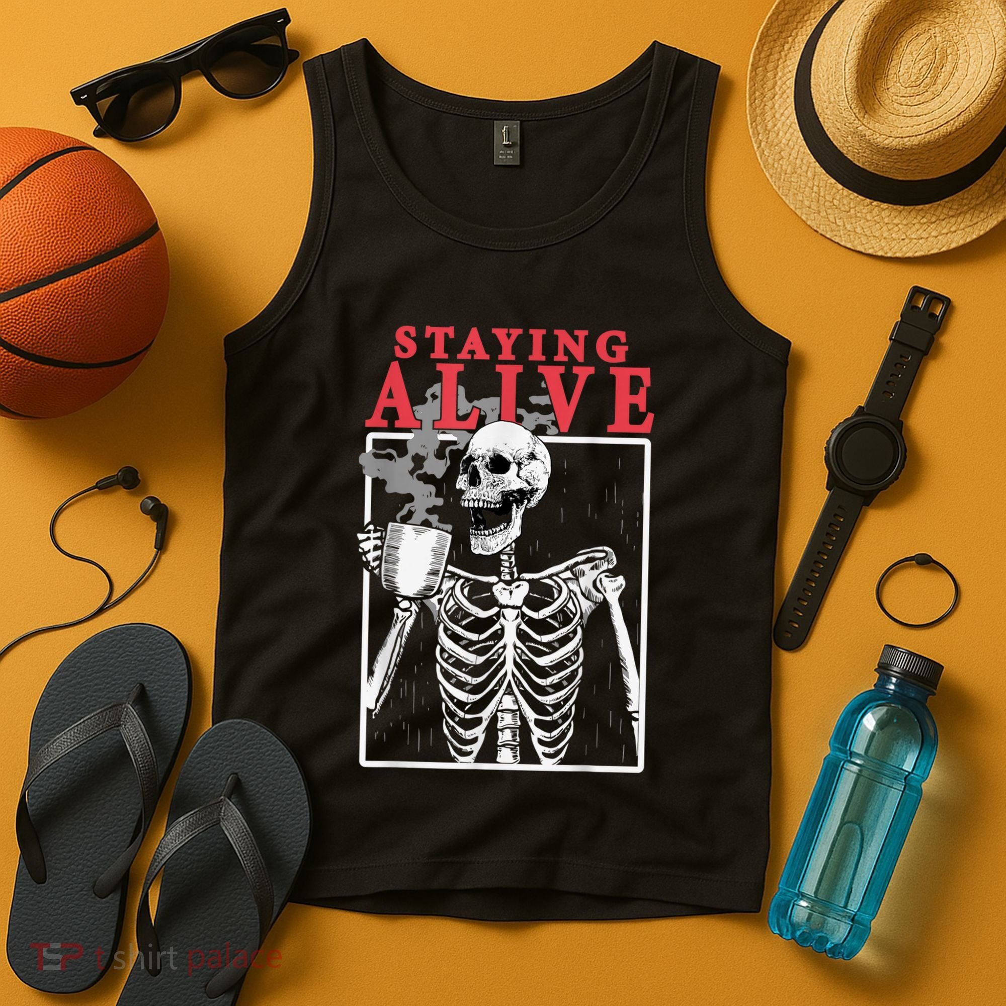 Skeleton Staying Alive Drinking Coffee Funny Skeleton Skull Tank Top