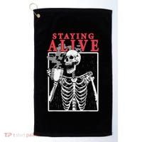 Skeleton Staying Alive Drinking Coffee Funny Skeleton Skull Golf Towel thumb 0