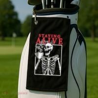 Skeleton Staying Alive Drinking Coffee Funny Skeleton Skull Golf Towel thumb 2