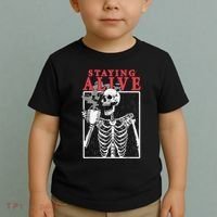 Skeleton Staying Alive Drinking Coffee Funny Skeleton Skull Toddler T-Shirt thumb 2