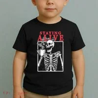 Skeleton Staying Alive Drinking Coffee Funny Skeleton Skull Toddler T-Shirt thumb 2