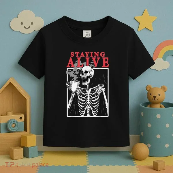 Skeleton Staying Alive Drinking Coffee Funny Skeleton Skull Toddler T-Shirt