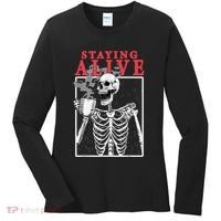 Skeleton Staying Alive Drinking Coffee Funny Skeleton Skull Women's Long Sleeve Shirt thumb 0