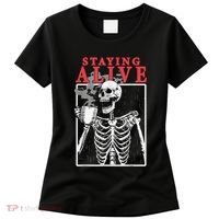 Skeleton Staying Alive Drinking Coffee Funny Skeleton Skull Women's T-Shirt thumb 0