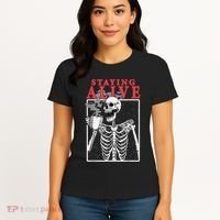 Skeleton Staying Alive Drinking Coffee Funny Skeleton Skull Women's T-Shirt thumb 4