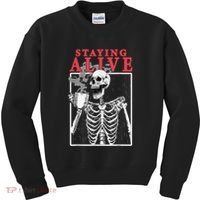 Skeleton Staying Alive Drinking Coffee Funny Skeleton Skull Kids Sweatshirt thumb 0
