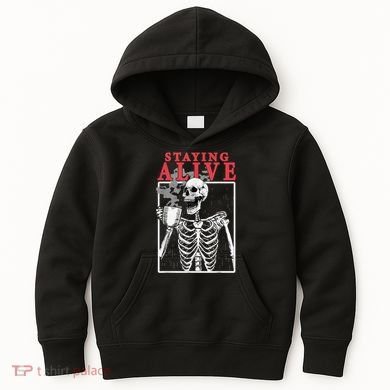 Skeleton Staying Alive Drinking Coffee Funny Skeleton Skull Kids Hoodie