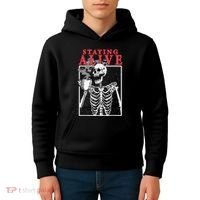 Skeleton Staying Alive Drinking Coffee Funny Skeleton Skull Kids Hoodie thumb 4