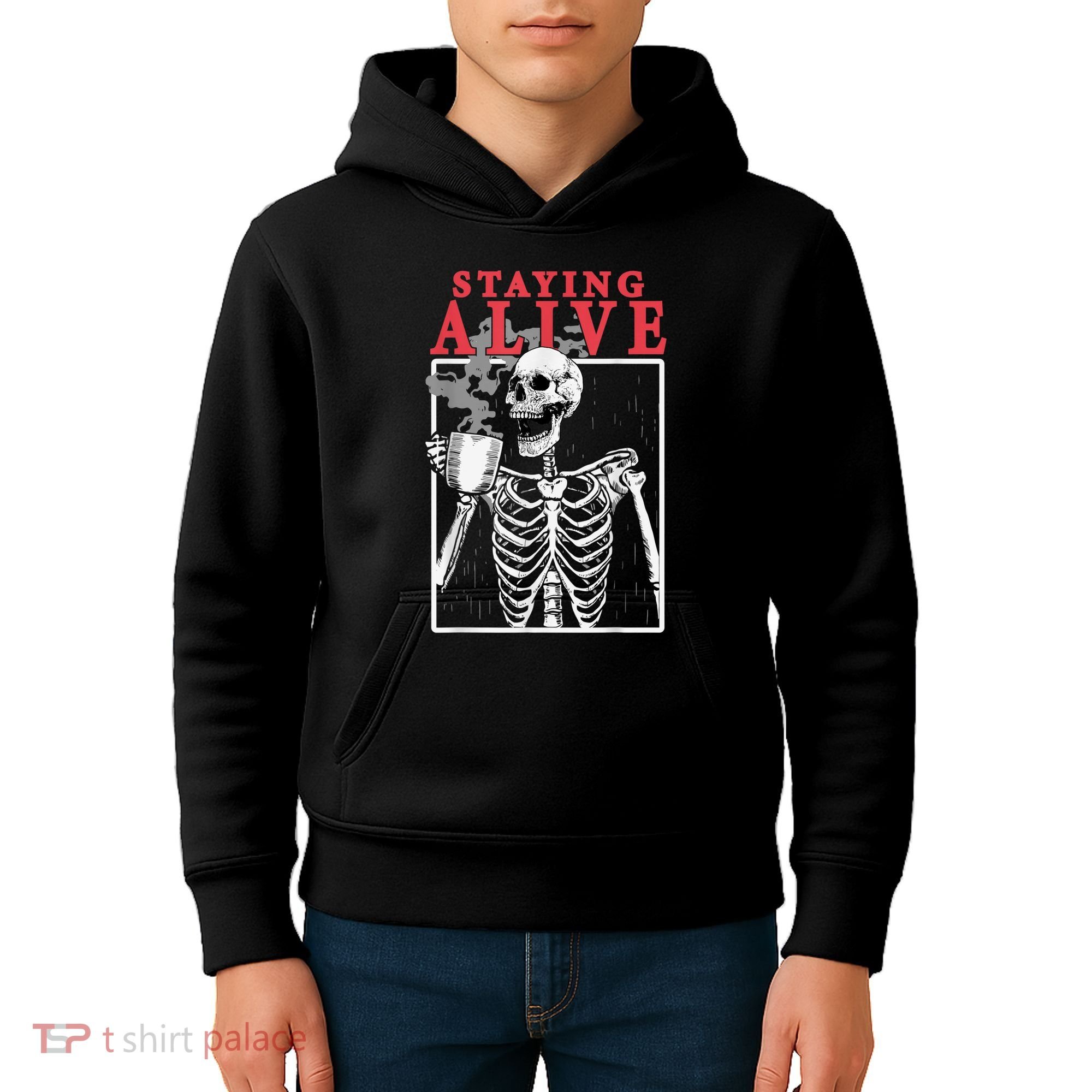 Skeleton Staying Alive Drinking Coffee Funny Skeleton Skull Kids Hoodie