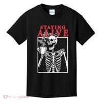 Skeleton Staying Alive Drinking Coffee Funny Skeleton Skull Kids T-Shirt thumb 0