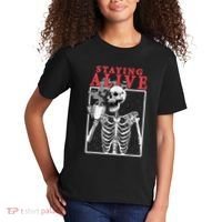 Skeleton Staying Alive Drinking Coffee Funny Skeleton Skull Kids T-Shirt thumb 2