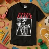 Skeleton Staying Alive Drinking Coffee Funny Skeleton Skull Kids T-Shirt thumb 3