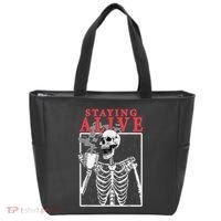 Skeleton Staying Alive Drinking Coffee Funny Skeleton Skull Tote Bag thumb 0