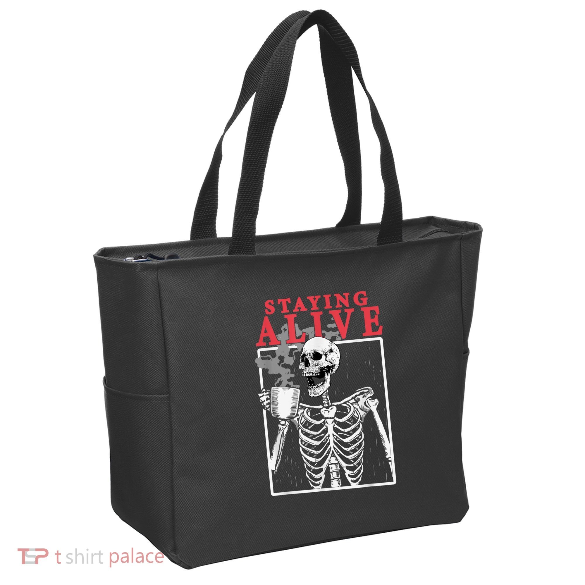 Skeleton Staying Alive Drinking Coffee Funny Skeleton Skull Tote Bag