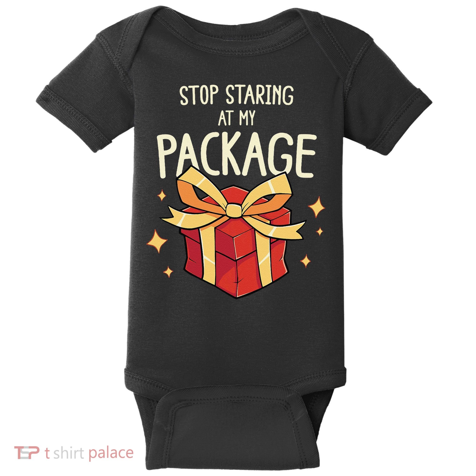Stop Staring At My Package Funny Rude Xmas Christmas Baby Bodysuit