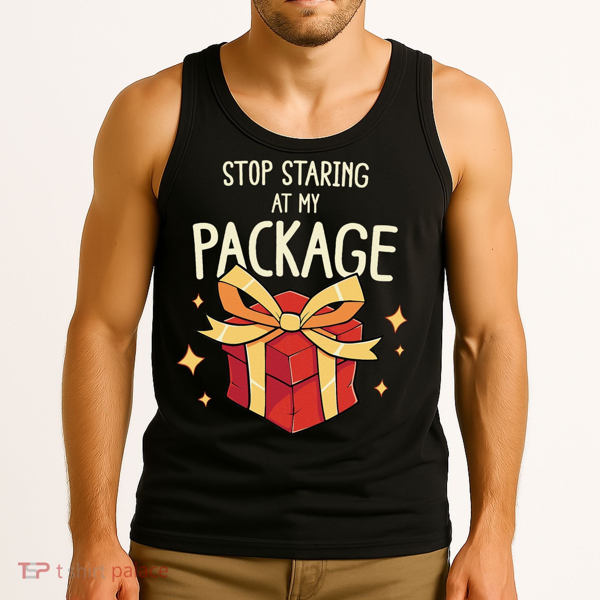 Stop Staring At My Package Funny Rude Xmas Christmas Tank Top