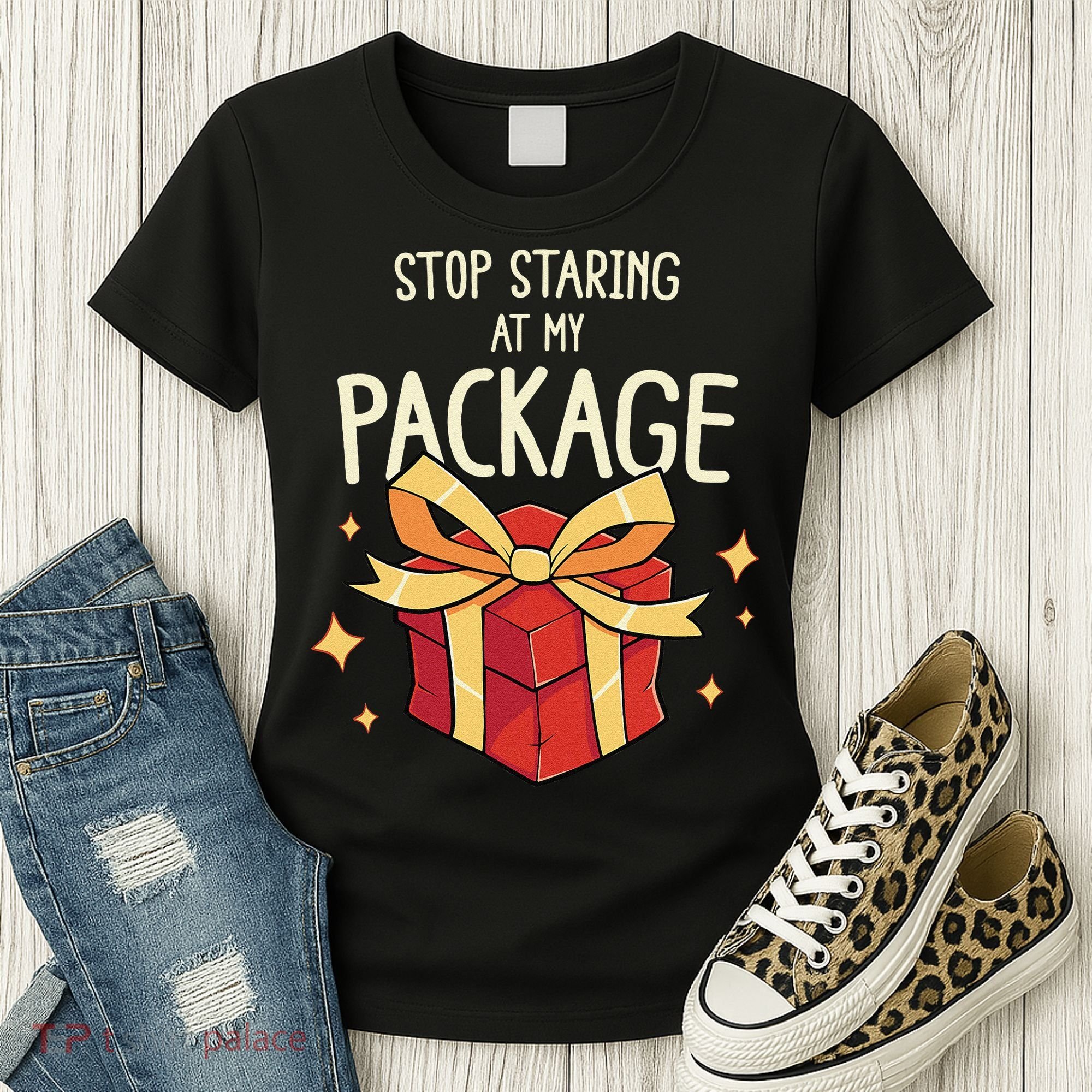 Stop Staring At My Package Funny Rude Xmas Christmas Women's T-Shirt