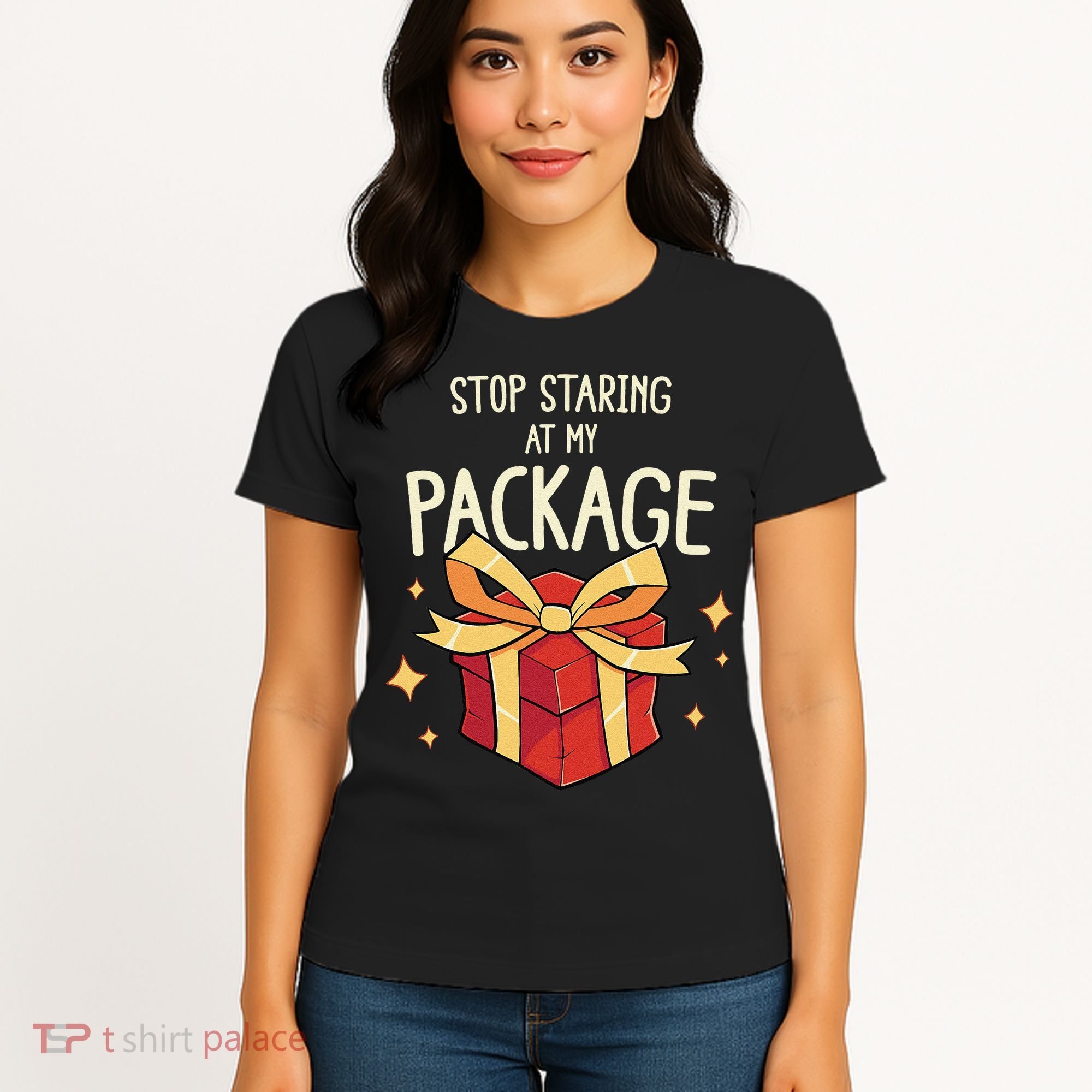 Stop Staring At My Package Funny Rude Xmas Christmas Women's T-Shirt
