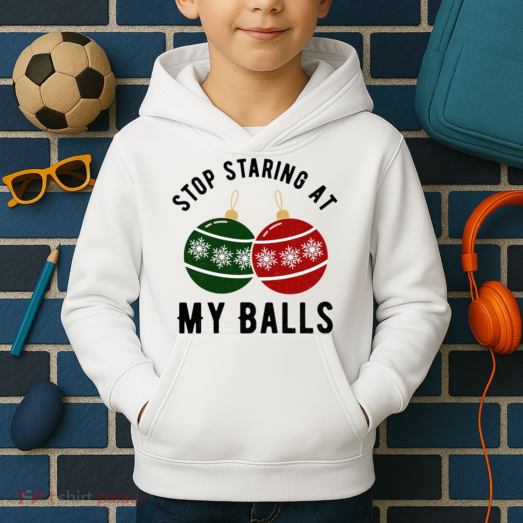 Stop Staring At My Balls Funny Christmas Kids Hoodie
