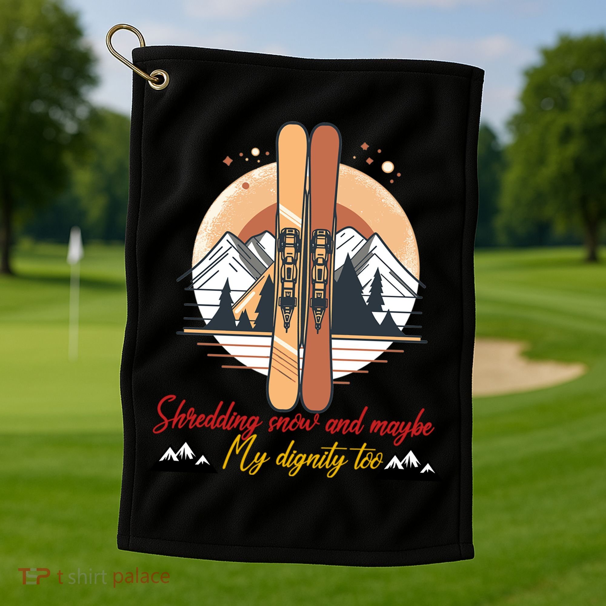 Shredding Snow And Dignity Funny Skiing Adventure Golf Towel