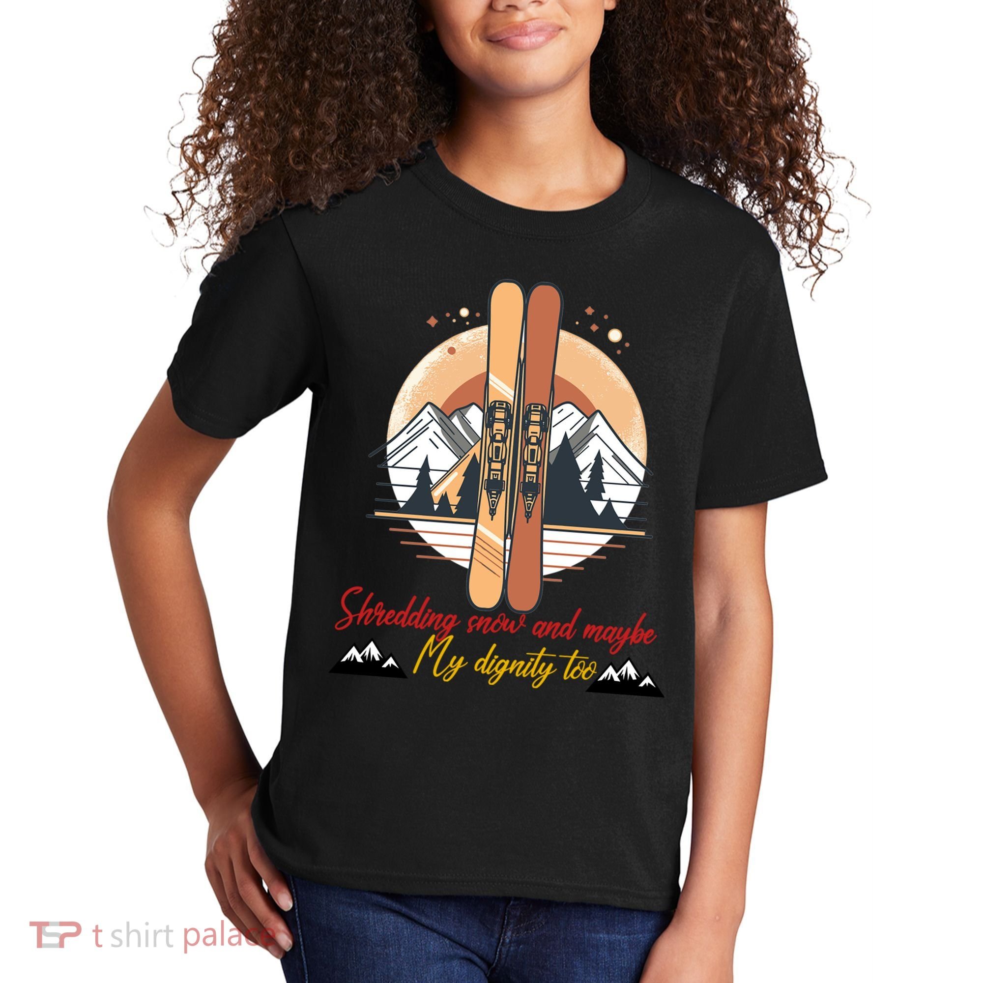 Shredding Snow And Dignity Funny Skiing Adventure Kids T-Shirt