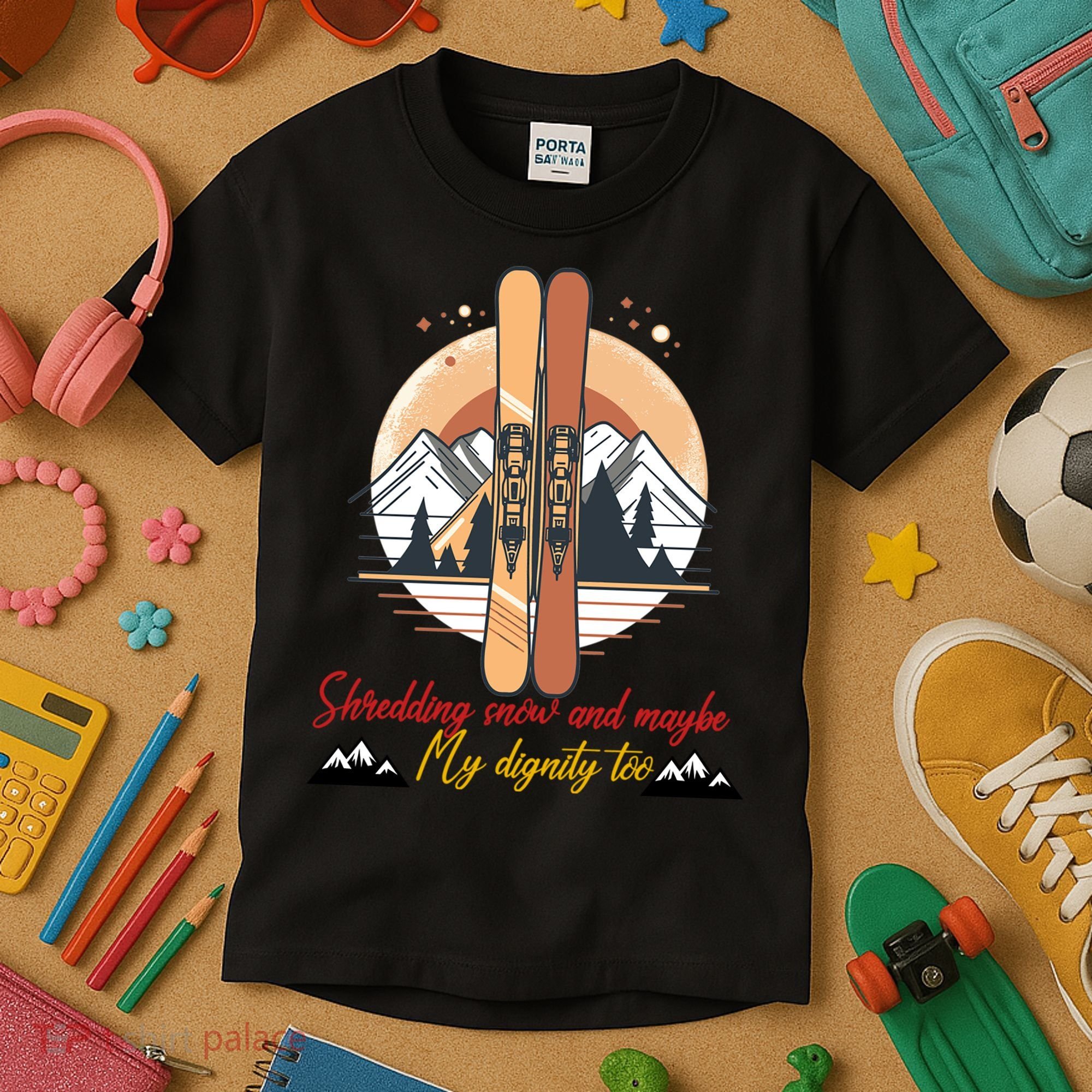 Shredding Snow And Dignity Funny Skiing Adventure Kids T-Shirt