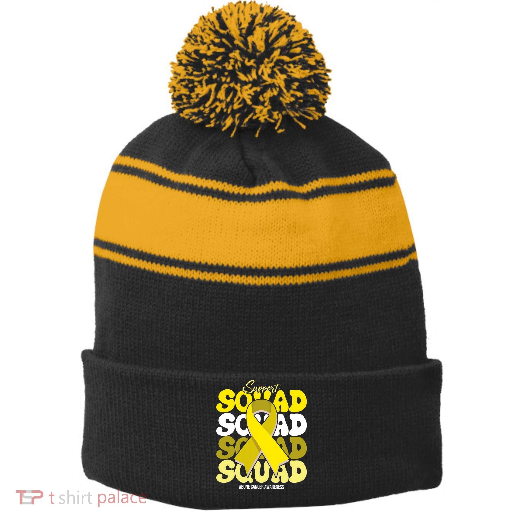 Support Squad Bone Cancer Awareness Stripe Pom Pom Beanie