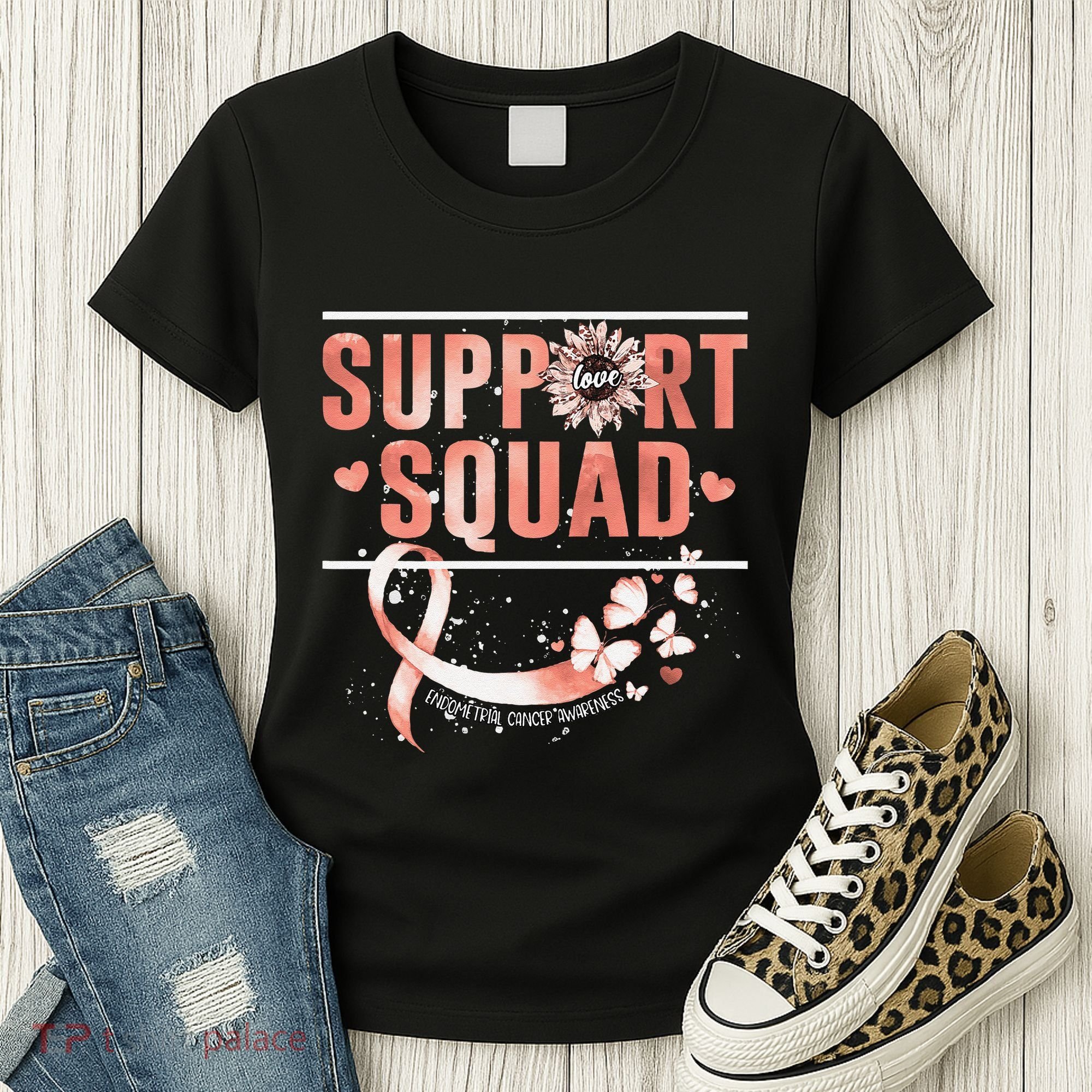 Support Squad Butterfly Peach Ribbon Endometrial Cancer Women's T-Shirt
