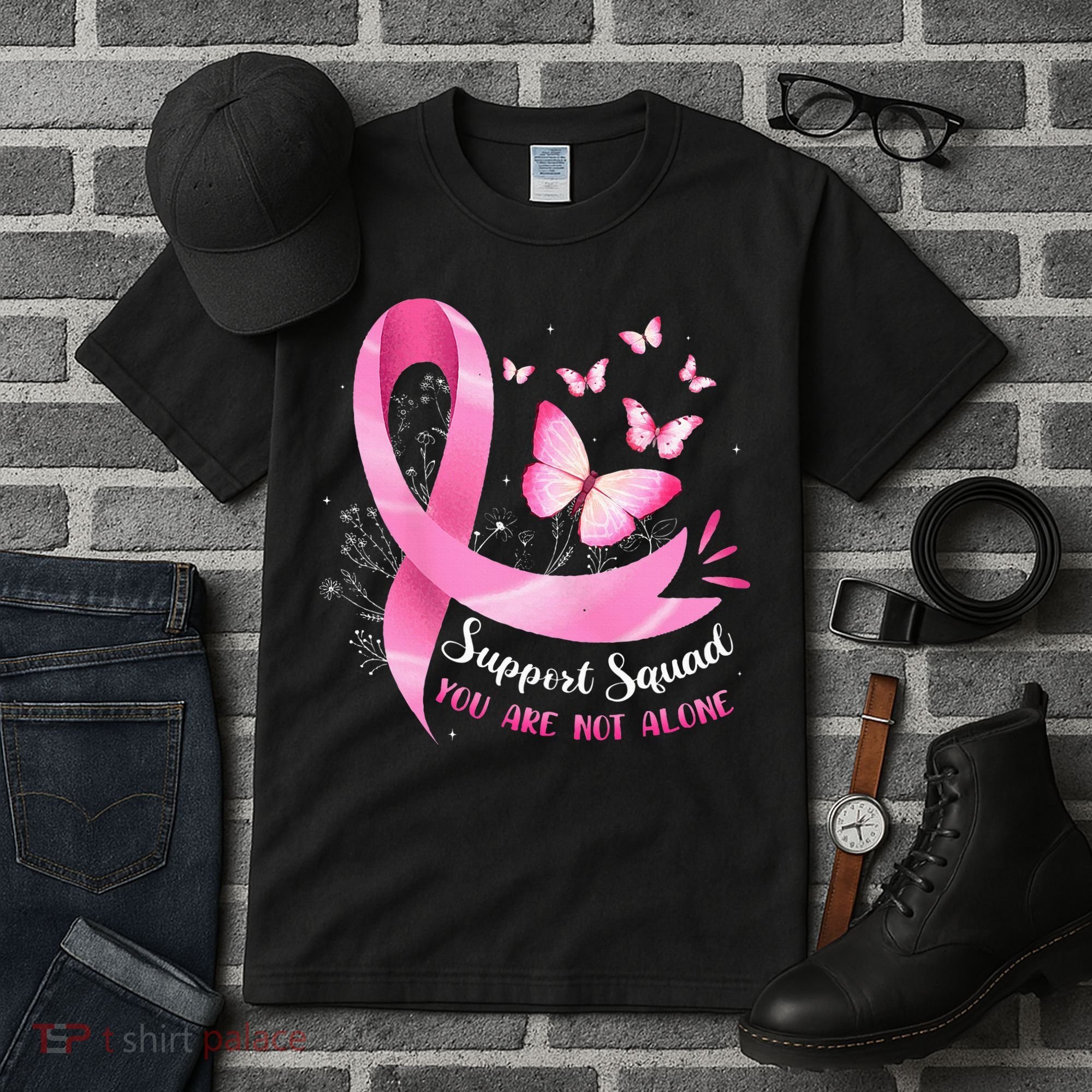 Support Squad Breast Cancer Awareness Pink Ribbon Butterfly Tall T-Shirt