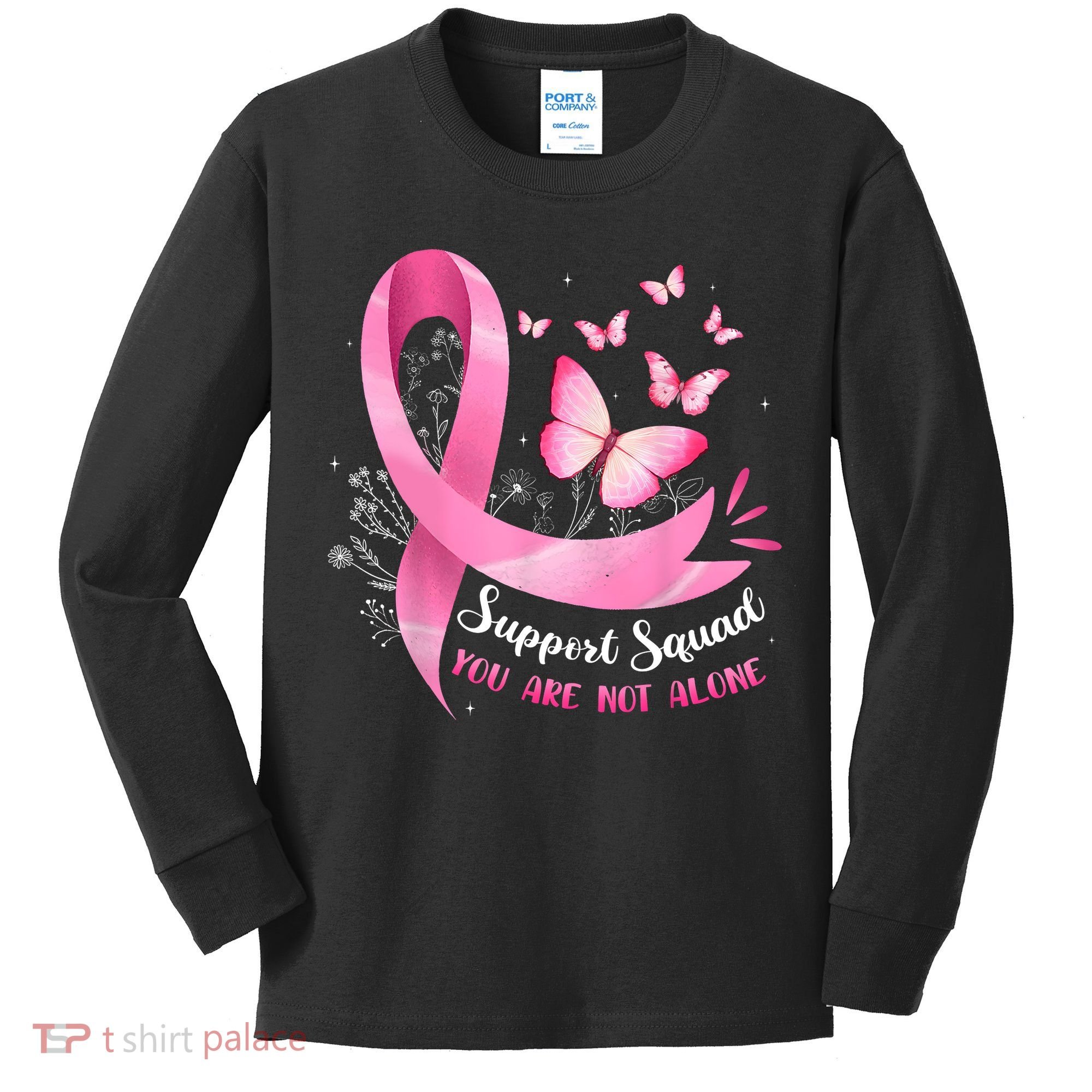 Support Squad Breast Cancer Awareness Pink Ribbon Butterfly Kids Long Sleeve Shirt