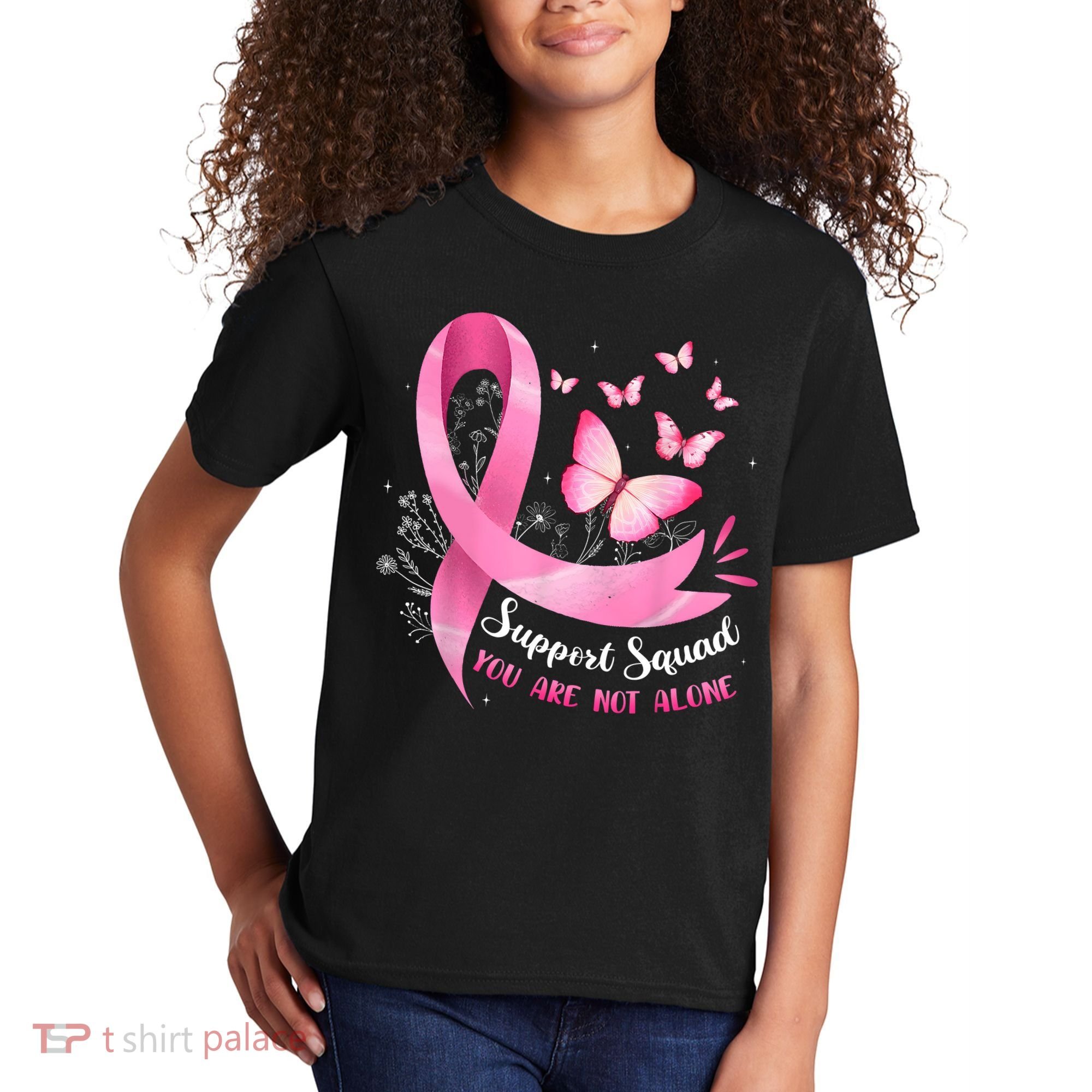 Support Squad Breast Cancer Awareness Pink Ribbon Butterfly Kids T-Shirt