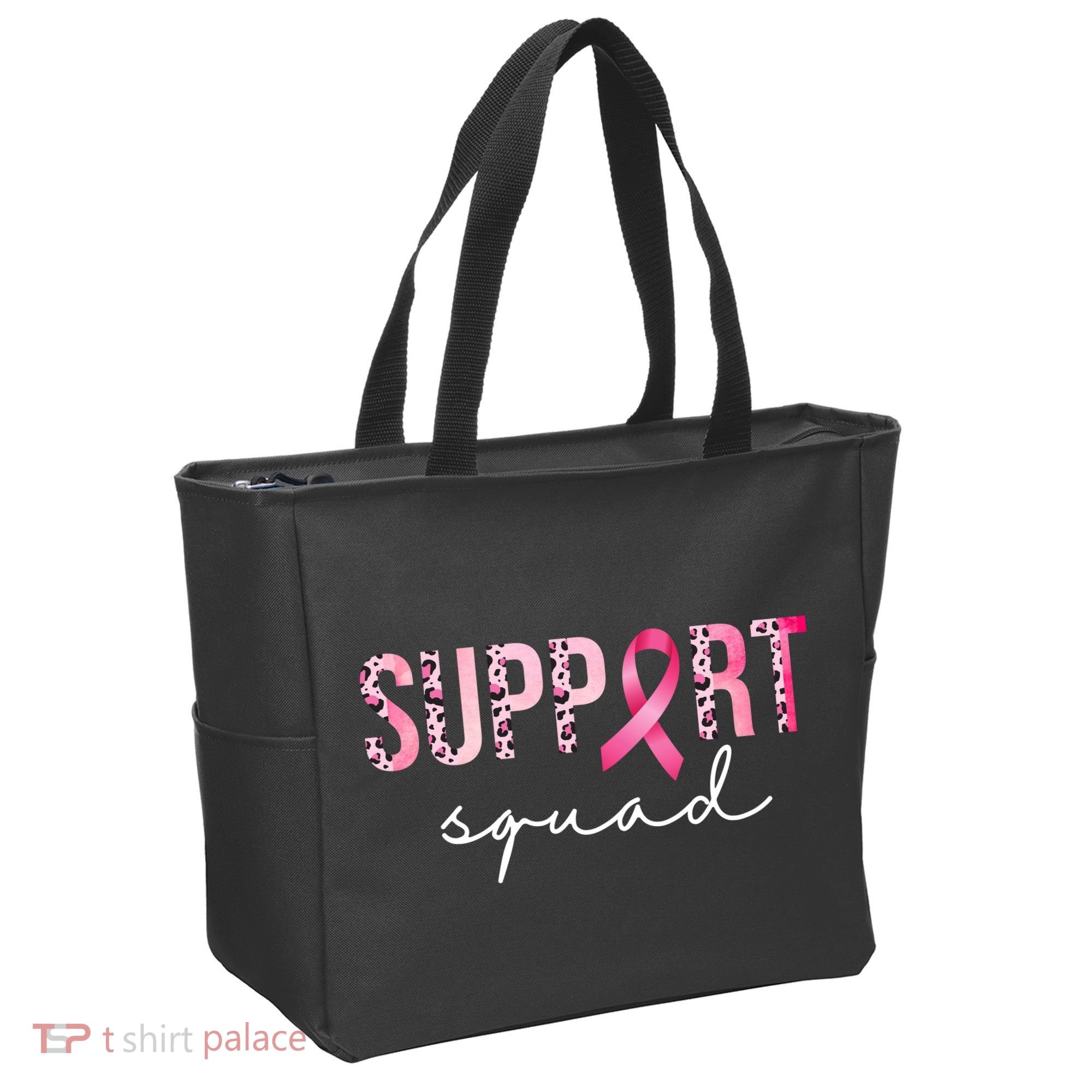 Support Squad Breast Cancer Leopard Ribbon Tote Bag