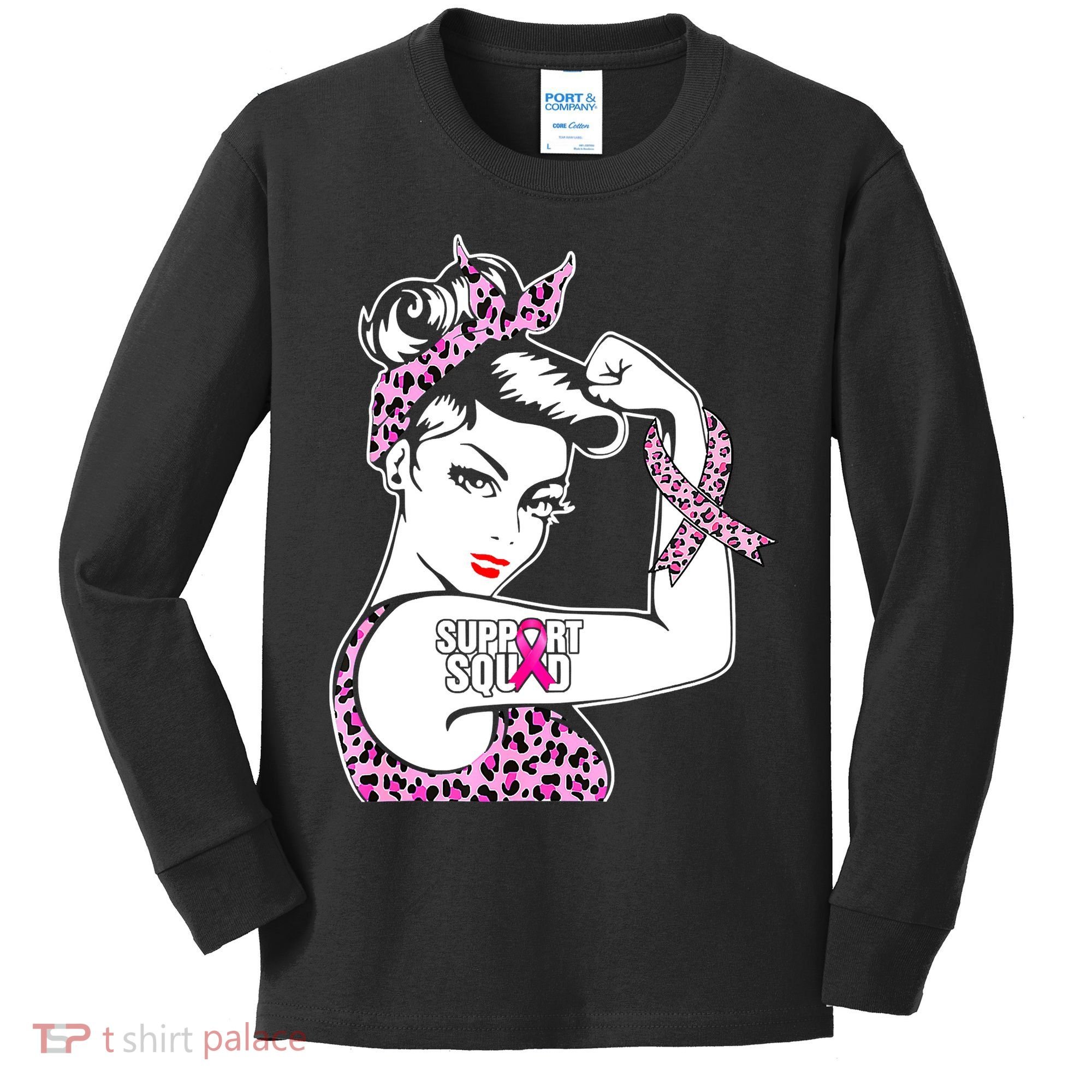 Support Squad Breast Cancer Warrior Pink Ribbon Leopard Kids Long Sleeve Shirt