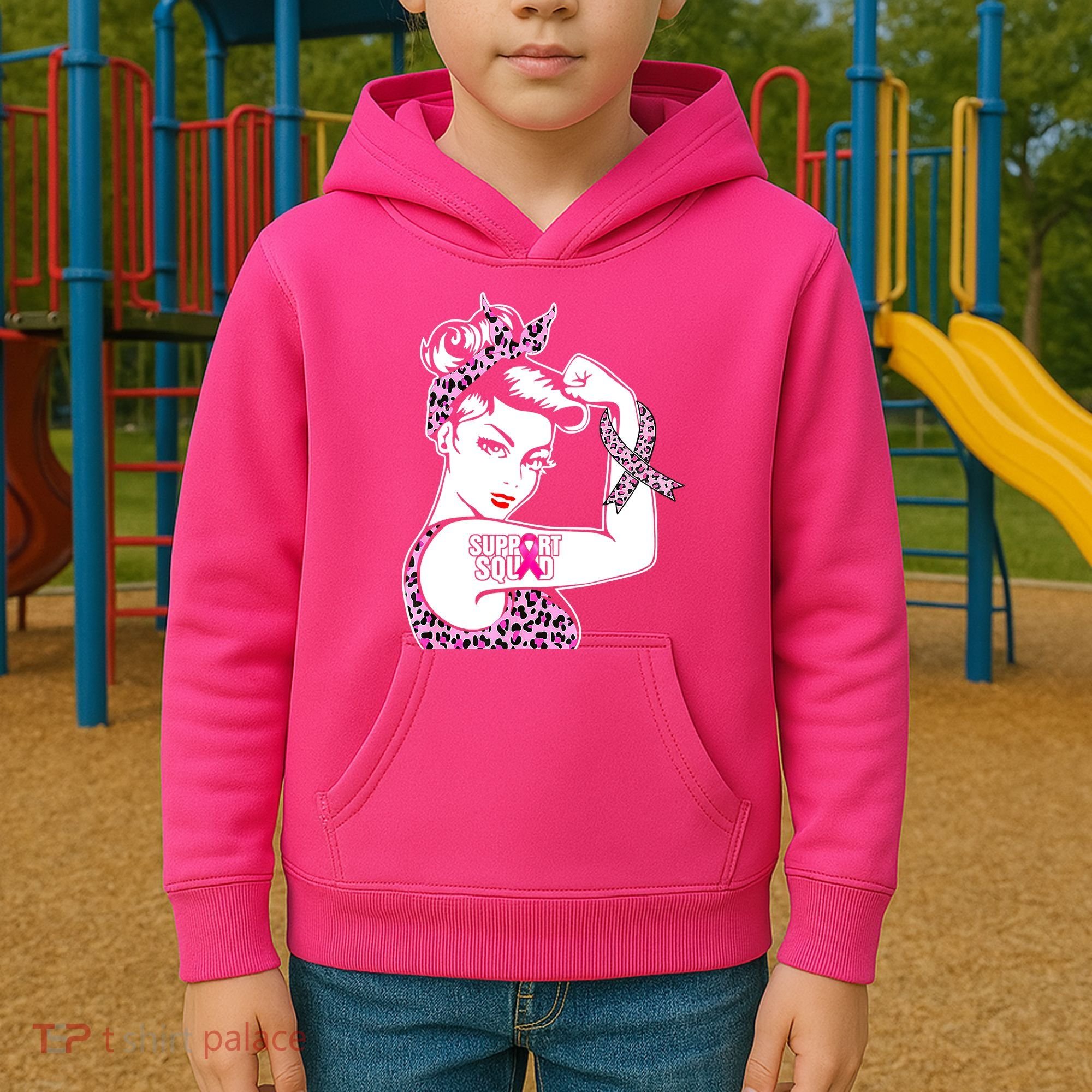 Support Squad Breast Cancer Warrior Pink Ribbon Leopard Kids Hoodie